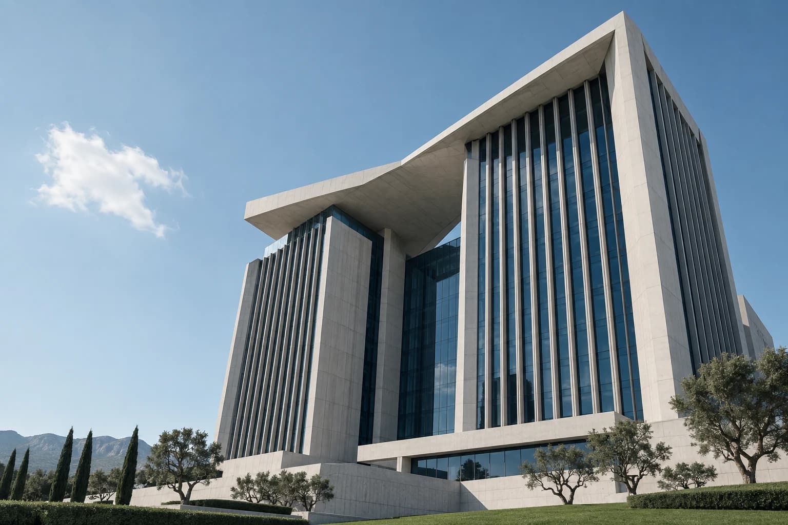 The monumental concrete and glass headquarters of Super Ultra Mega Corp